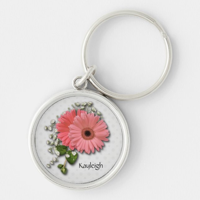 Rosa Gerber Daisy Personlig Keychain Rund Silverfärgad Nyckelring (Framsidan)