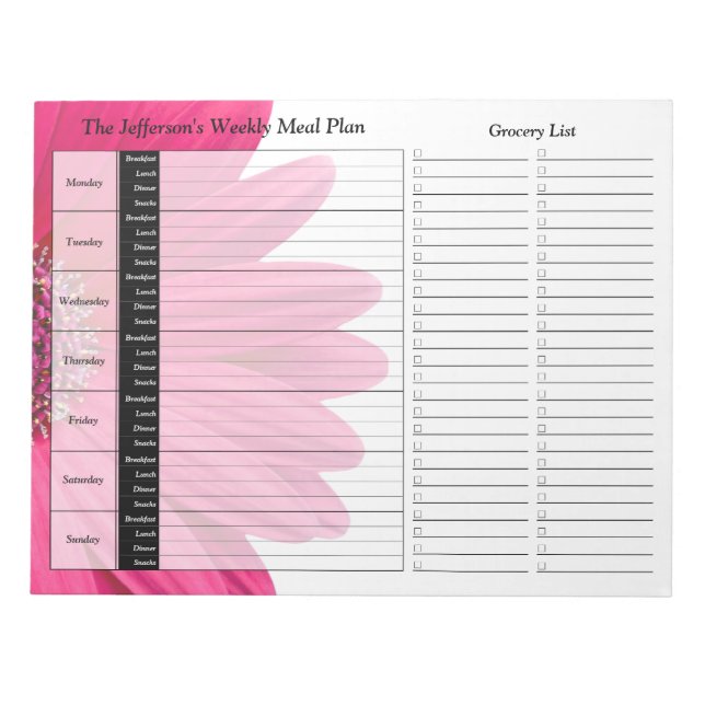 Rosa Gerber Daisy Personlig Meal Planner  Veckoföl Anteckningsblock (Framsida)