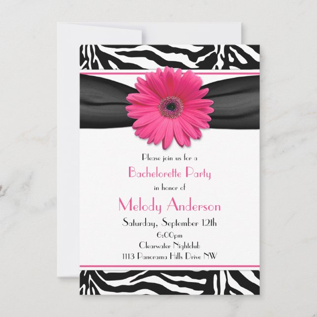 Rosa Gerber Daisy Zebra tryck Bachelorette Party Inbjudningar (Framsida)