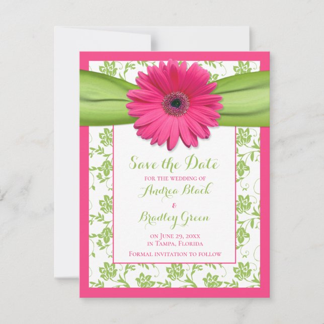 Rosa Gerber Grönt Blommigt Damask Save Date Card Spara Datumet (Framsida)