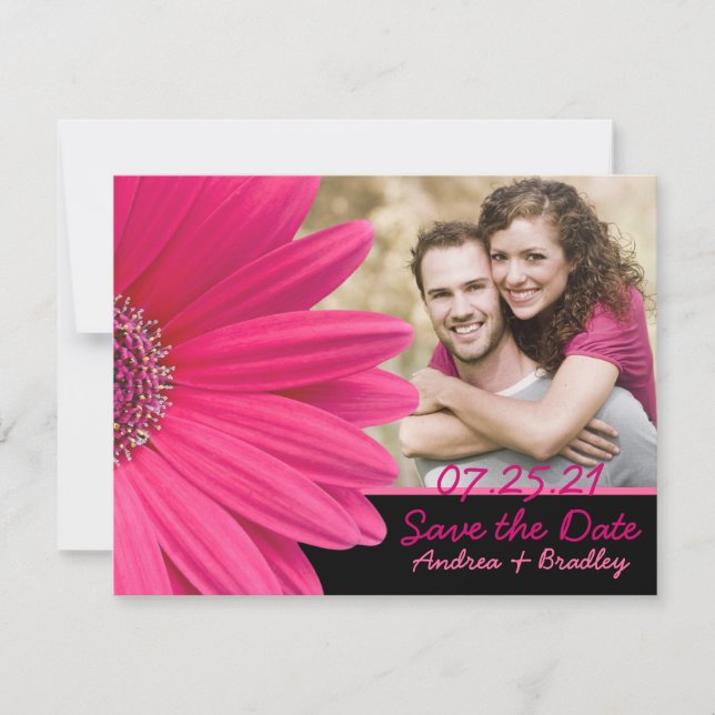 Rosa Gerbera Black Photo Save Date Card Spara Datumet (Framsida)