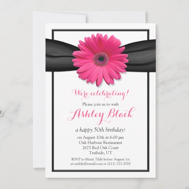 Rosa Gerbera Black Ribbon Birthday-inbjudan Inbjudningar (Framsida)