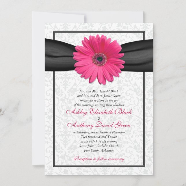 Rosa Gerbera Black Ribbon Wedding bjudande Inbjudningar (Framsida)