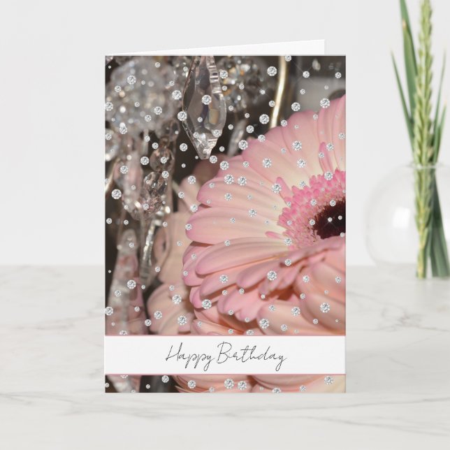 Rosa Gerbera-blommor Diamantgnist Födelsedag Kort (Framsida)