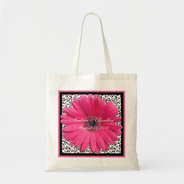 Rosa Gerbera Daisy Black Bröllop Välkommen Bag Tygkasse (Framsidan)