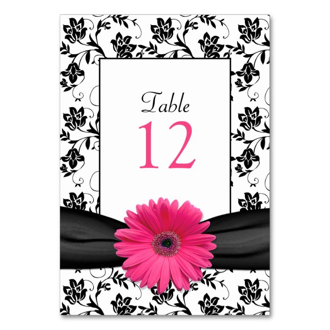 Rosa Gerbera Daisy Black Damask Bordsnummer Card (Framsidan)