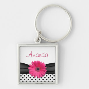 Rosa Gerbera Daisy Black Polka punktnamn Fyrkantig Silverfärgad Nyckelring