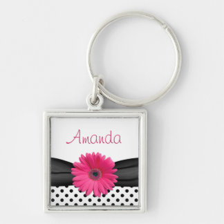 Rosa Gerbera Daisy Black Polka punktnamn Fyrkantig Silverfärgad Nyckelring