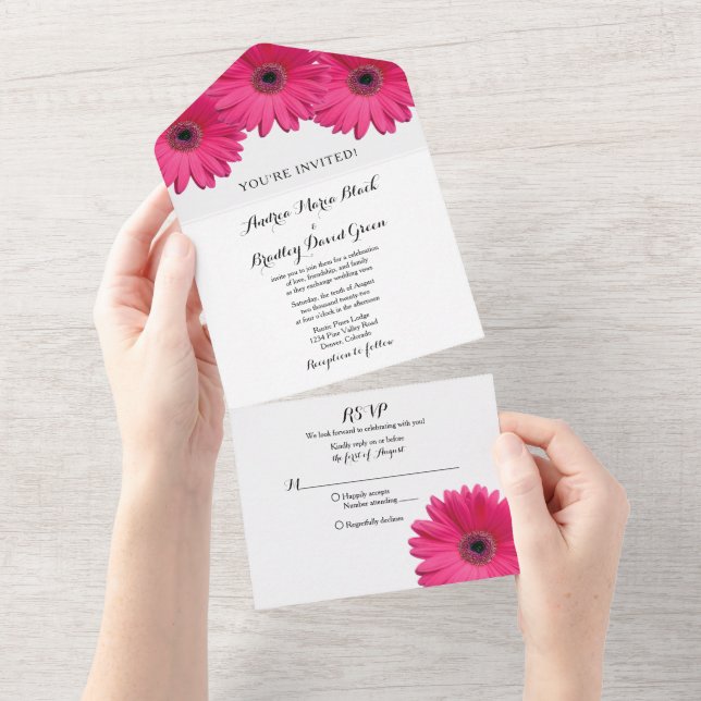 Rosa Gerbera Daisy Blommig Bröllops RSVP (Tearaway)
