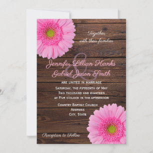 Rosa gerbera daisy blommigt rustik wood bröllop inbjudningar