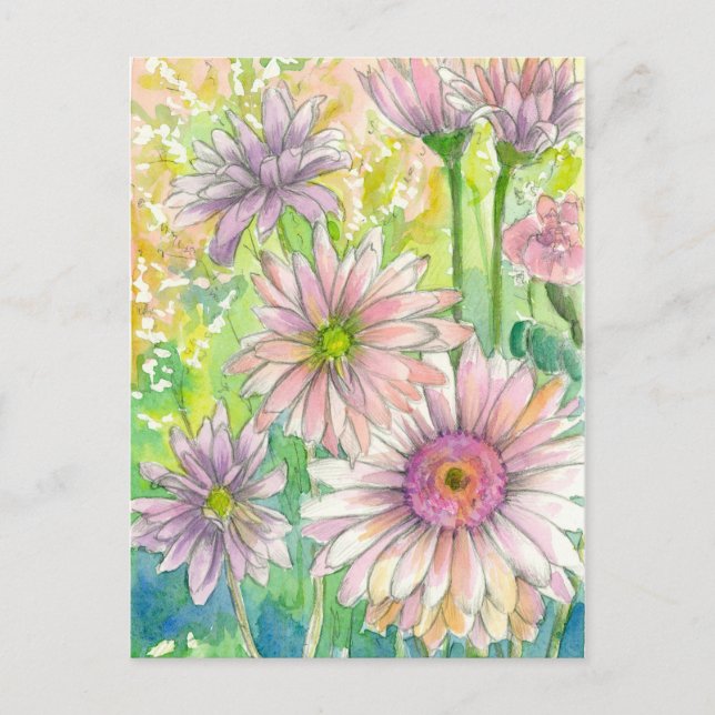 Rosa Gerbera Daisy Bouquet Watercolor Flowers Art Vykort (Framsida)