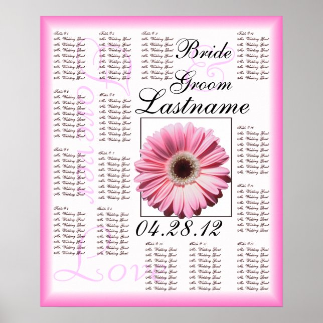 Rosa Gerbera Daisy Bröllop Guest Seittdiagram för  Poster (Framsidan)