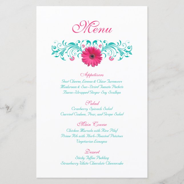 Rosa Gerbera Daisy Bröllop Menu Card (Framsida)