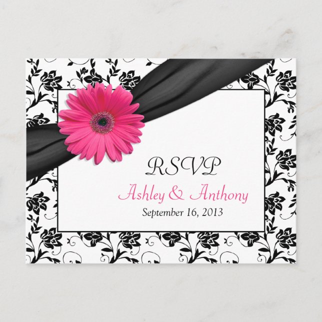 Rosa Gerbera Daisy Damask Wedding OSA Postcard Inbjudan Vykort (Framsida)