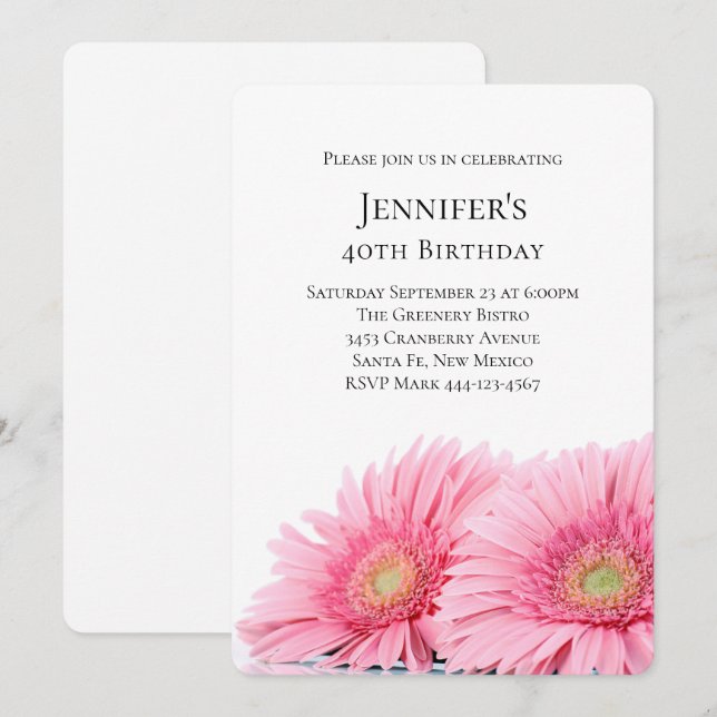 Rosa Gerbera Daisy Elegant Fotofödelsedag Inbjudningar (Fram/baksida)