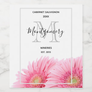 Rosa Gerbera Daisy Elegant Photo Vin Skapar Vinflaska Etikett