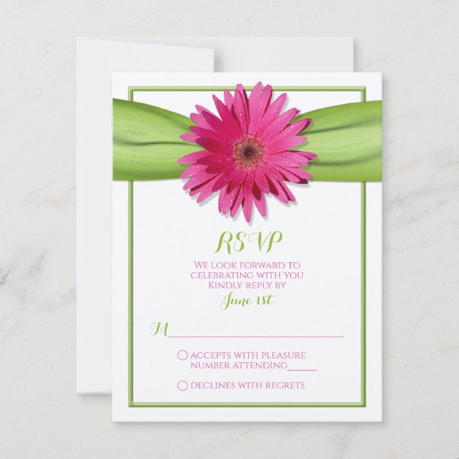 Rosa Gerbera Daisy Grönt Band Bröllop RSVP OSA Kort (Framsida)