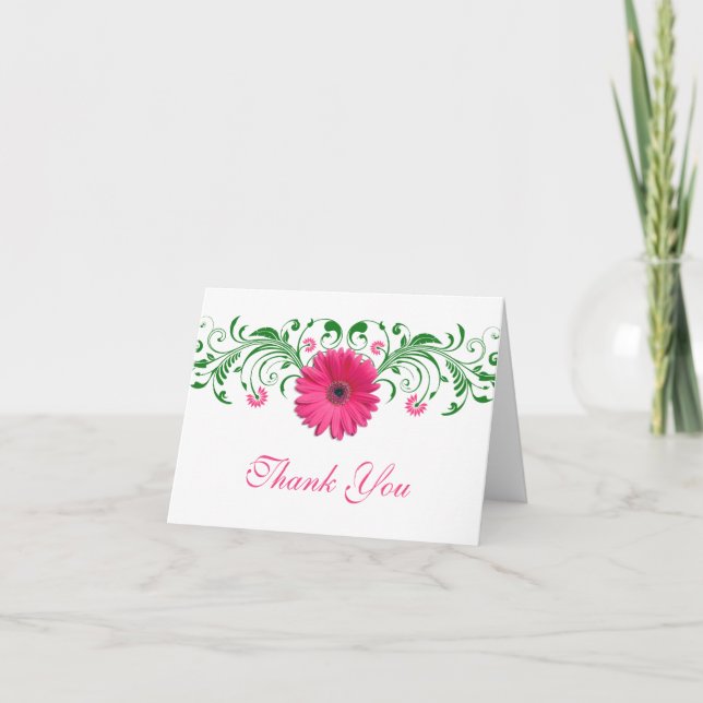 Rosa Gerbera Daisy Grönt Blommigt Bröllop Tack Kor Kort (Framsida)