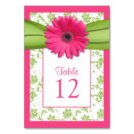 Rosa Gerbera Daisy Grönt Damask Bordsnummer Card