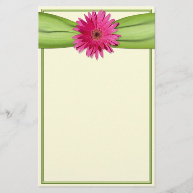 Rosa Gerbera Daisy Grönt Ribbon Stationery Brevpapper (Framsida)