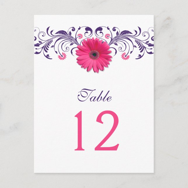 Rosa Gerbera Daisy Lila Blommigt Bordsnummer Card (Framsida)