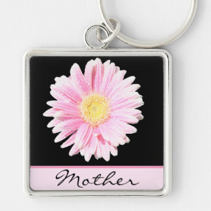 Rosa Gerbera Daisy Mor Keychain Fyrkantig Silverfärgad Nyckelring