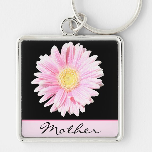 Rosa Gerbera Daisy Mor Keychain Fyrkantig Silverfärgad Nyckelring (Framsidan)