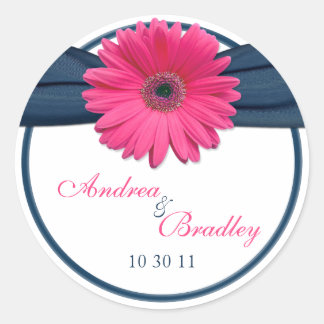 Rosa Gerbera Daisy Navy Blue Bröllop Runt Klistermärke