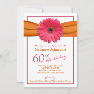 Rosa Gerbera Daisy Orange Ribbon 60:e födelsedagen Inbjudningar