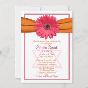 Rosa Gerbera Daisy Orange Ribbon Bat mitzvah Inbjudningar