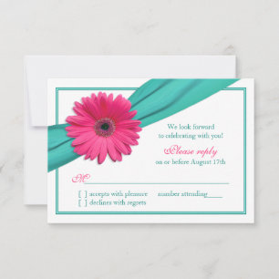 Rosa Gerbera Daisy Turkos Band Bröllop RSVP OSA Kort