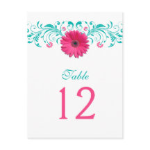 Rosa Gerbera Daisy Turquise Bordsnummer Card
