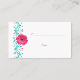 Rosa Gerbera Daisy Turquise Bröllop Place Card Placeringskort