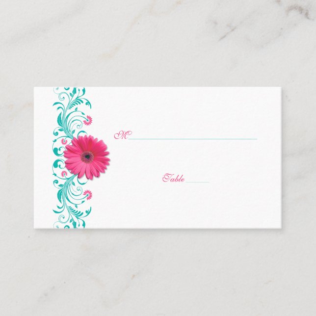 Rosa Gerbera Daisy Turquise Bröllop Place Card Placeringskort (Framsida)