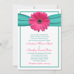 Rosa Gerbera Daisy Turquise Ribbon Bröllop Inbjudningar
