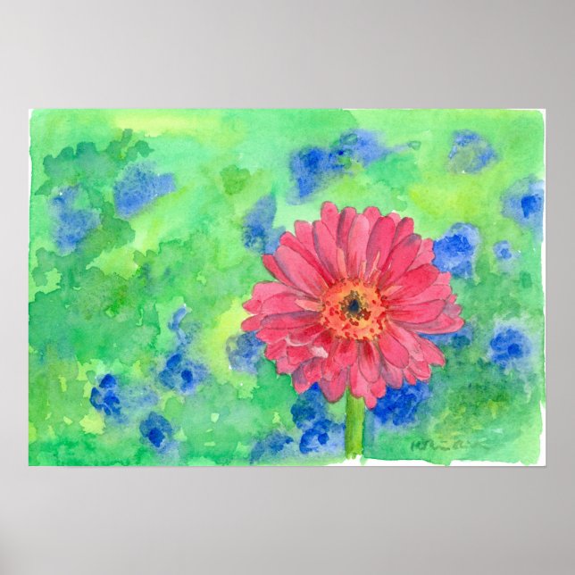Rosa Gerbera Daisy Watercolor Art Poster (Framsidan)