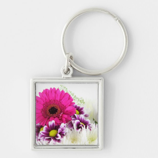 Rosa Gerbera Flower Fyrkantig Silverfärgad Nyckelring (Framsidan)