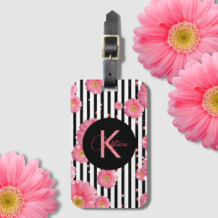 Rosa Gerbera Flowers on Black and White Rand Bagagebricka