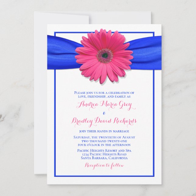 Rosa Gerbera med Blue Satin Ribbon-inbjudan Inbjudningar (Framsida)