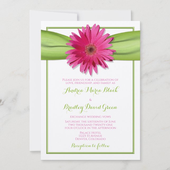 Rosa Gerbera med Grönt Satin Ribbon-inbjudan Inbjudningar (Framsida)