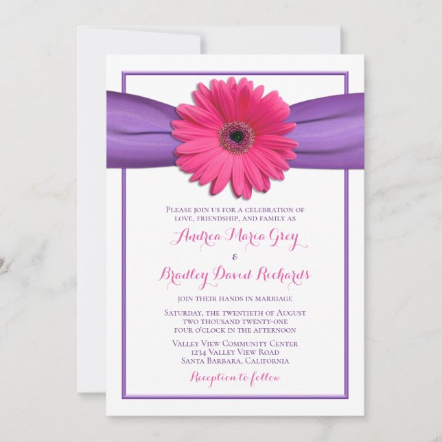 Rosa Gerbera med Lila Satin Ribbon-inbjudan Inbjudningar (Framsida)
