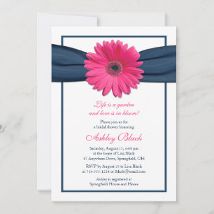 Rosa Gerbera Navy Ribbon Inbjudningskort för möhip
