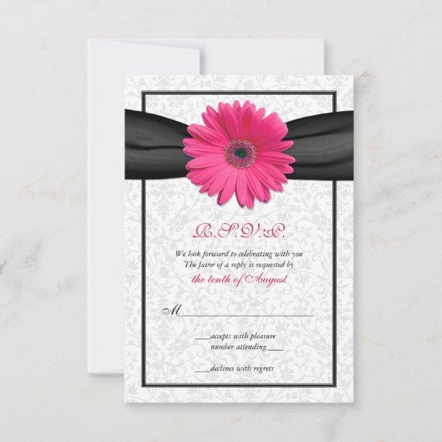 Rosa Gerbera Svart Band Bröllop Svarskort OSA Kort (Framsida)