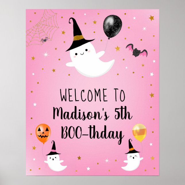 Rosa Ghost BOO Halloween Birthday Välkommen Poster (Framsidan)