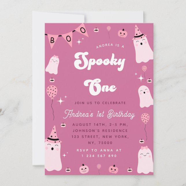 Rosa Ghost Groovy Spooky One Girl 1st Birthday Inbjudningar (Framsida)