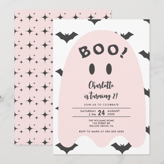 Rosa Ghost Halloween 2:a födelsedagen Inbjudningar (Fram/baksida)