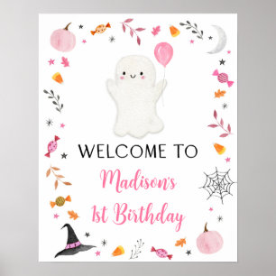 Rosa Ghost Halloween Birthday Välkommen Poster