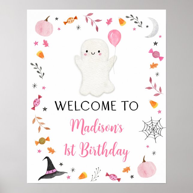 Rosa Ghost Halloween Birthday Välkommen Poster (Framsidan)