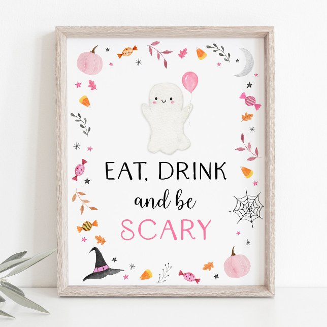 Rosa Ghost Halloween Eat Drink be Scary Party Sign Poster (Skapare uppladdad)