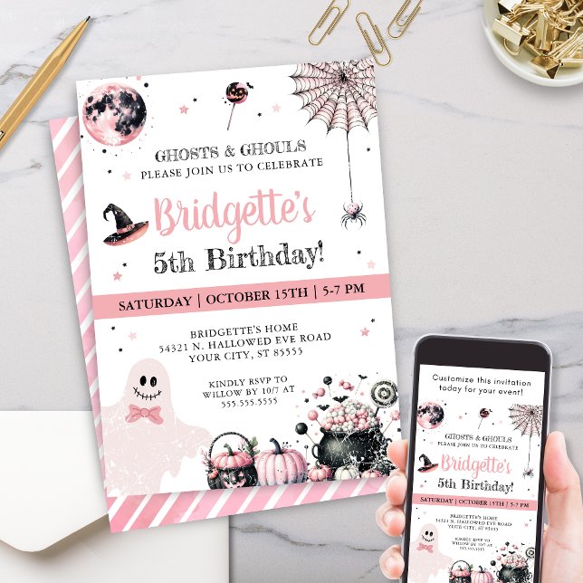 Rosa Ghost Kids Halloween Födelsedagsfest Inbjudningar (Fun pink Halloween birthday party invitations for little girls any girl birthday party invite)